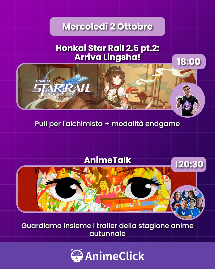 AnimeClick su Twitch: programma dal 30 settembre al 6 ottobre AnimeClick su Twitch: programma dal 30 settembre al 6 ottobre